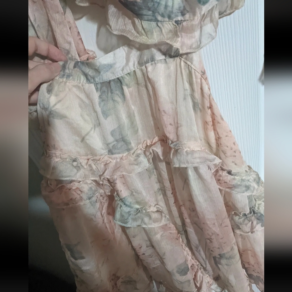 FINAL PRICE Peach Floral Print Dress XS V-Neck Long Slv Ruffly Cutout Lace Back - Picture 5 of 8